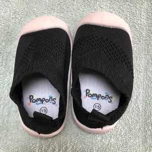 NWOT Pompons toddler non slip shoes, Slip on type, Size 15, black/white